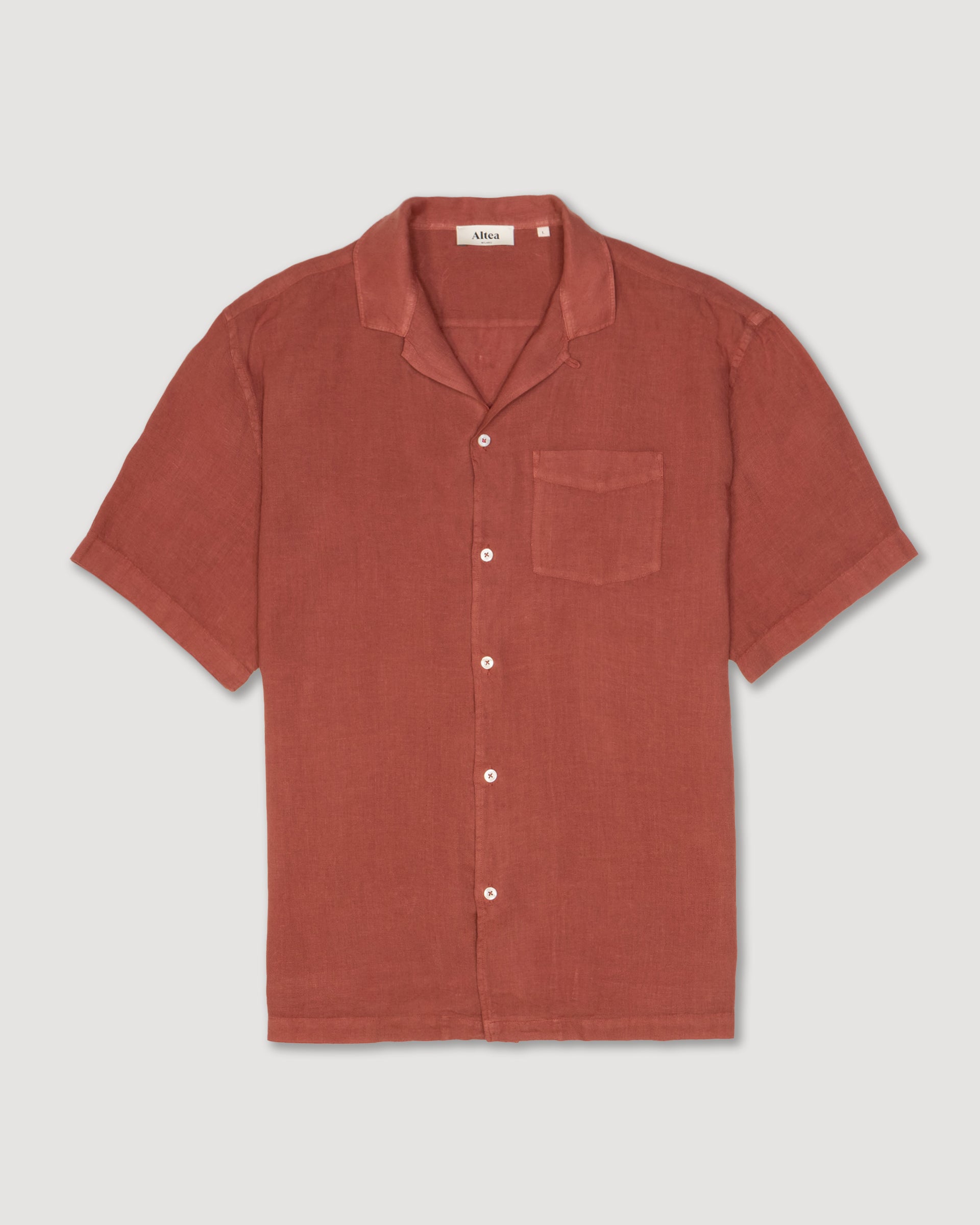Bart camp collar shirt in linen, short sleeve, over, orange - Terracot