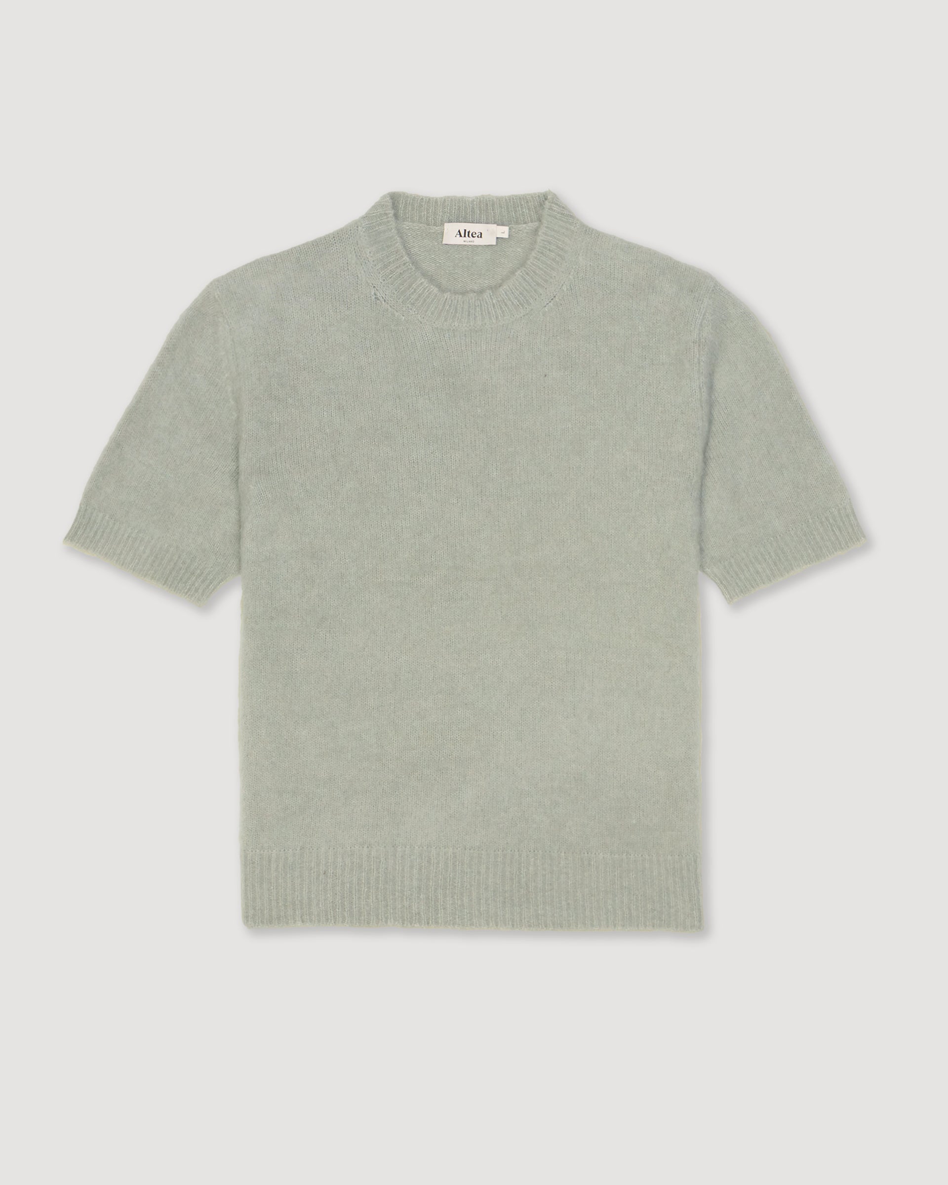 Maglia girocollo garzata manica corta in misto alpaca. Verde - Salvia