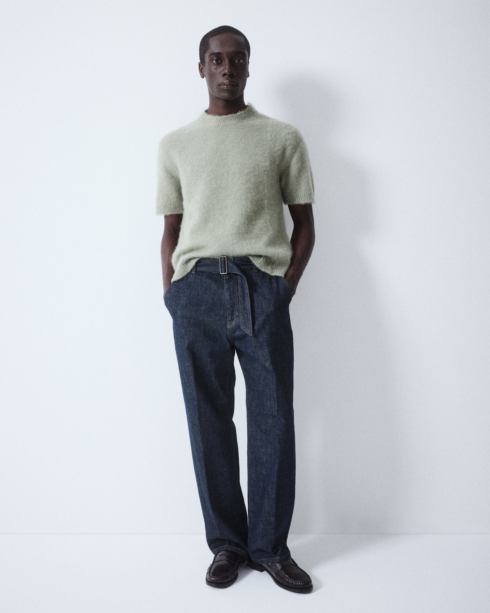 Pantalone over Odell in denim di cotone con cintura con fibbia. Blue - Denim