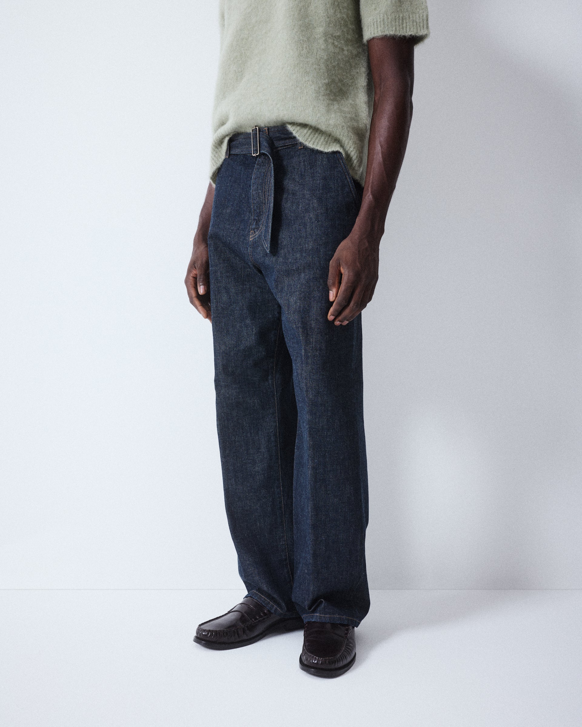Pantalone over Odell in denim di cotone con cintura con fibbia. Blue - Denim