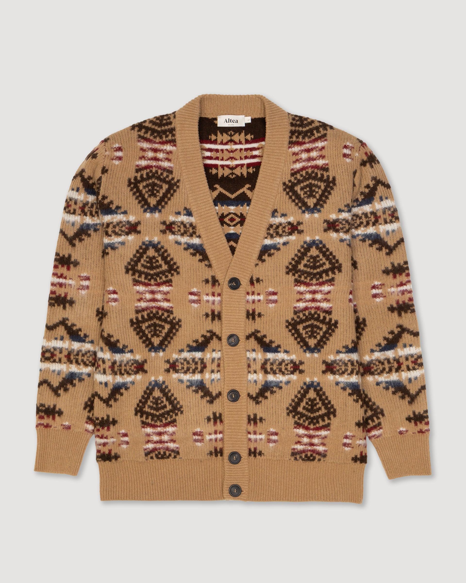 Cardigan garzato con jacquard in misto lana-alpaca. Beige - Mastice