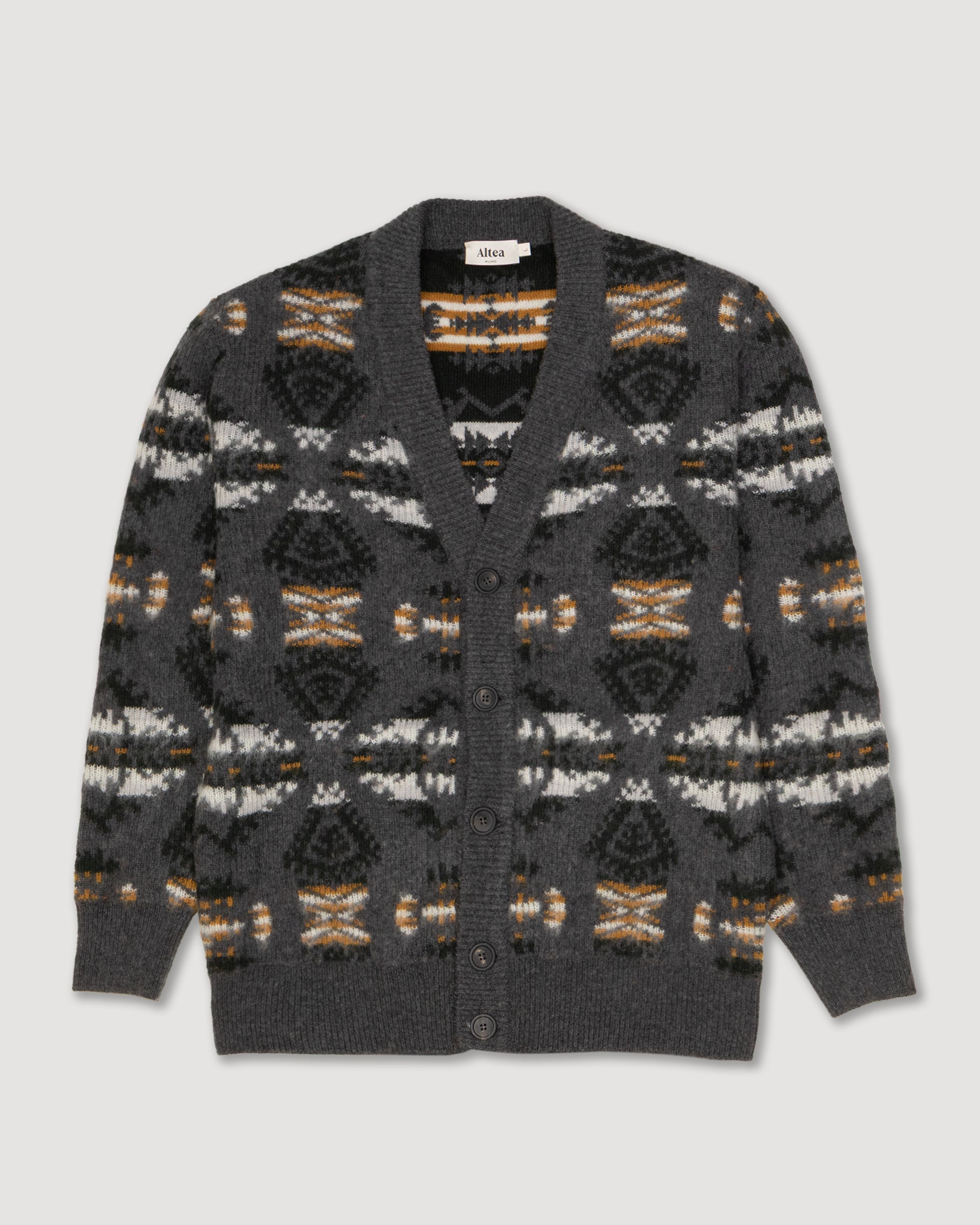 Cardigan garzato con jacquard in misto lana-alpaca. Grigio - Antracite