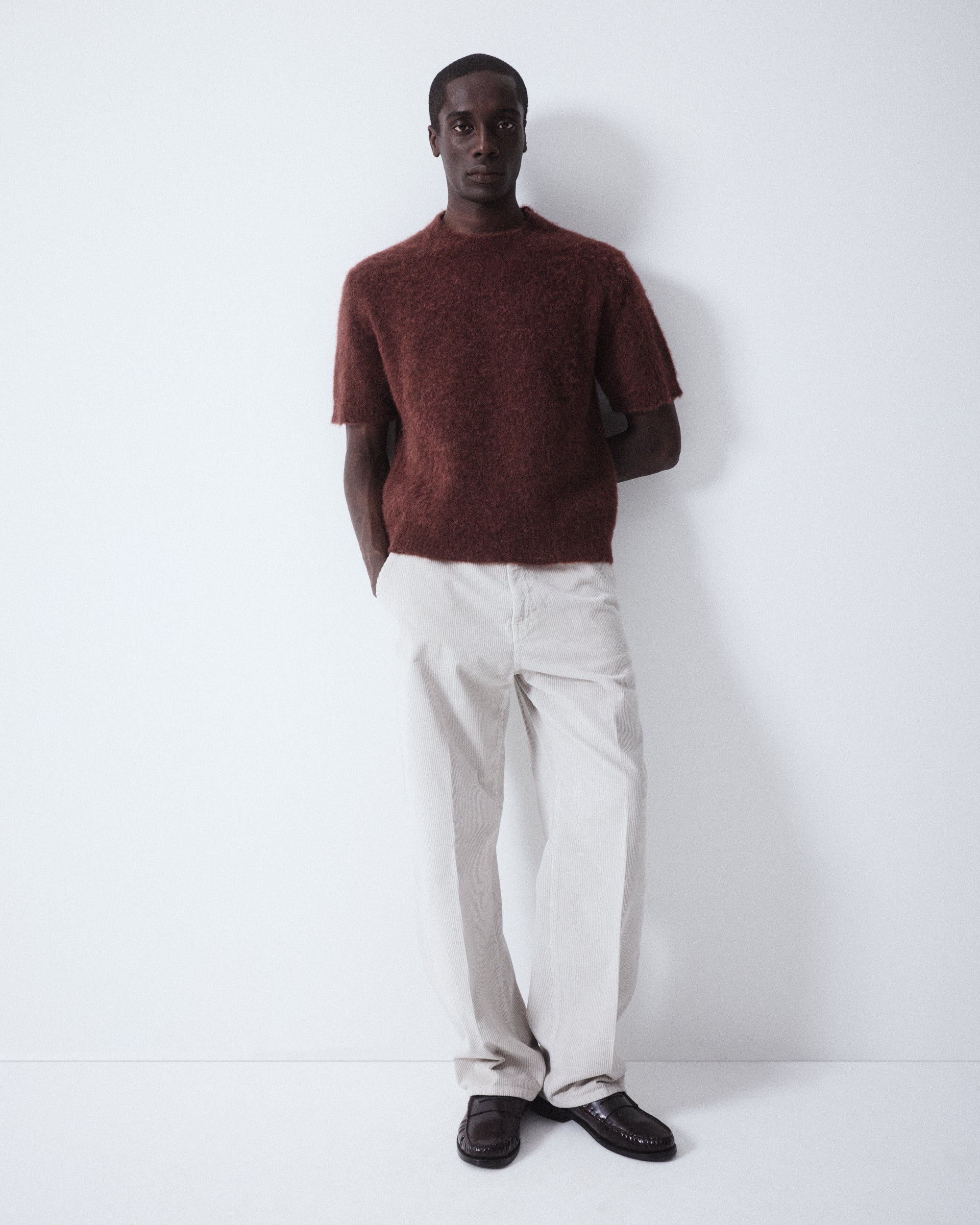 Maglia girocollo garzata manica corta in misto alpaca - Marrone