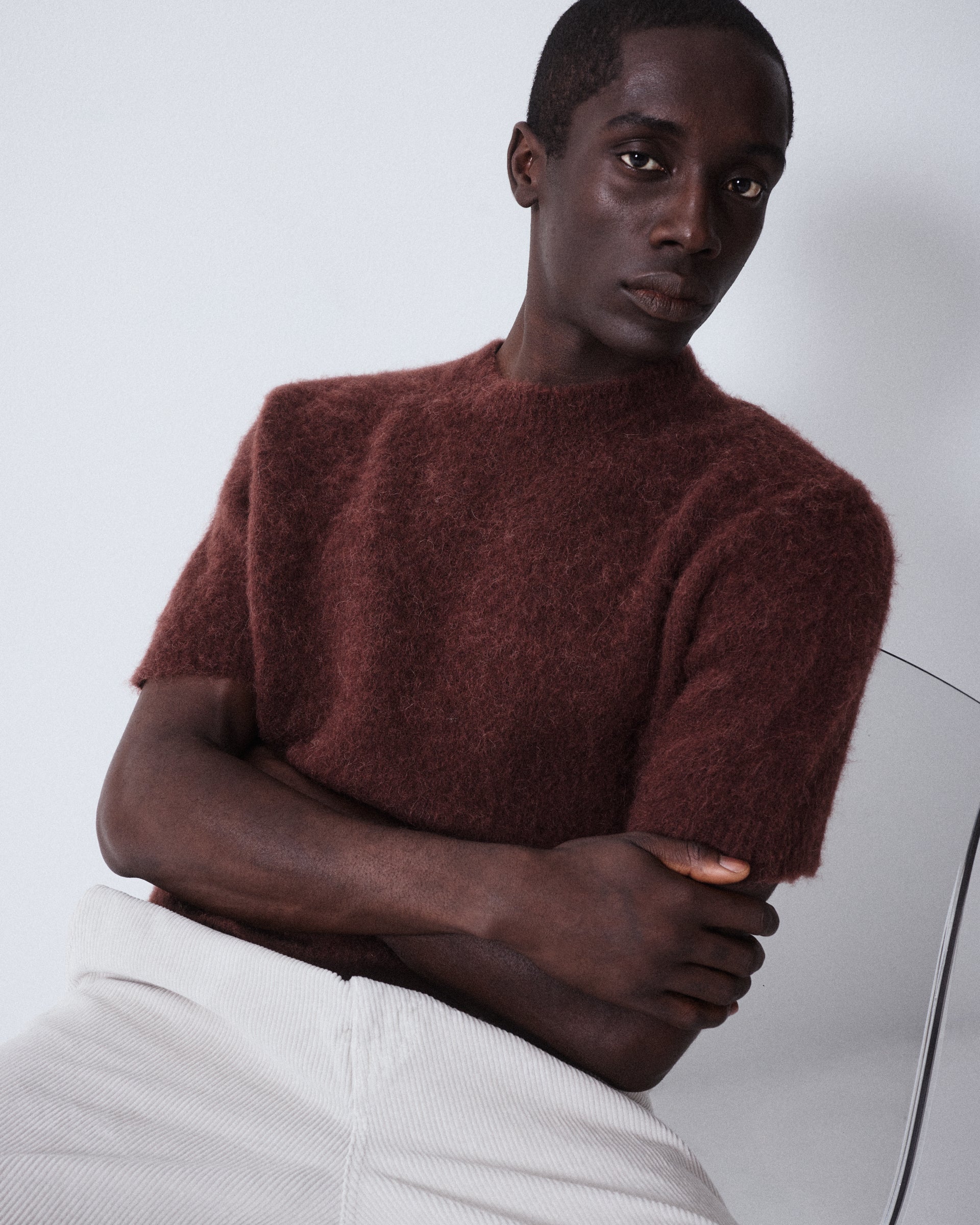 Maglia girocollo garzata manica corta in misto alpaca - Marrone