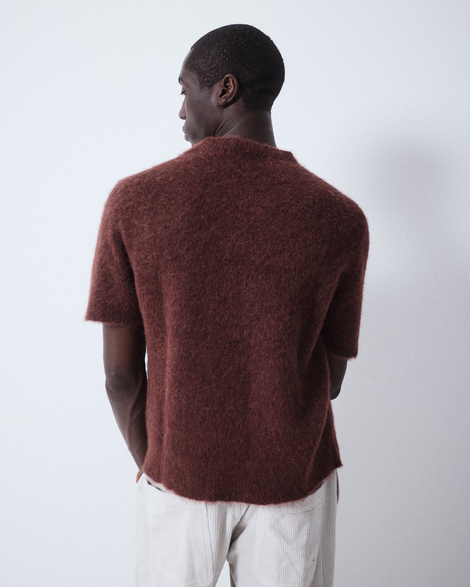 Maglia girocollo garzata manica corta in misto alpaca - Marrone