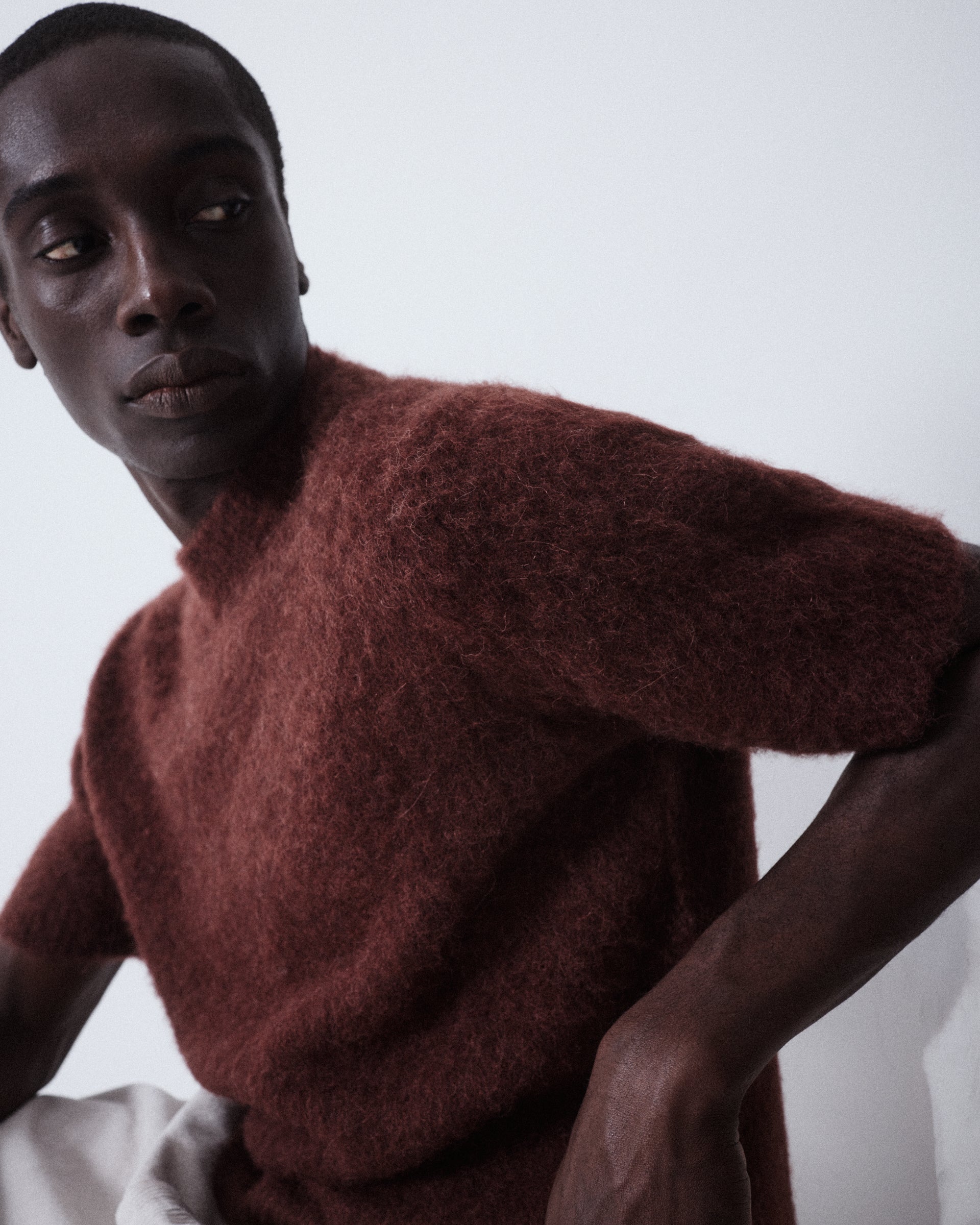 Maglia girocollo garzata manica corta in misto alpaca - Marrone