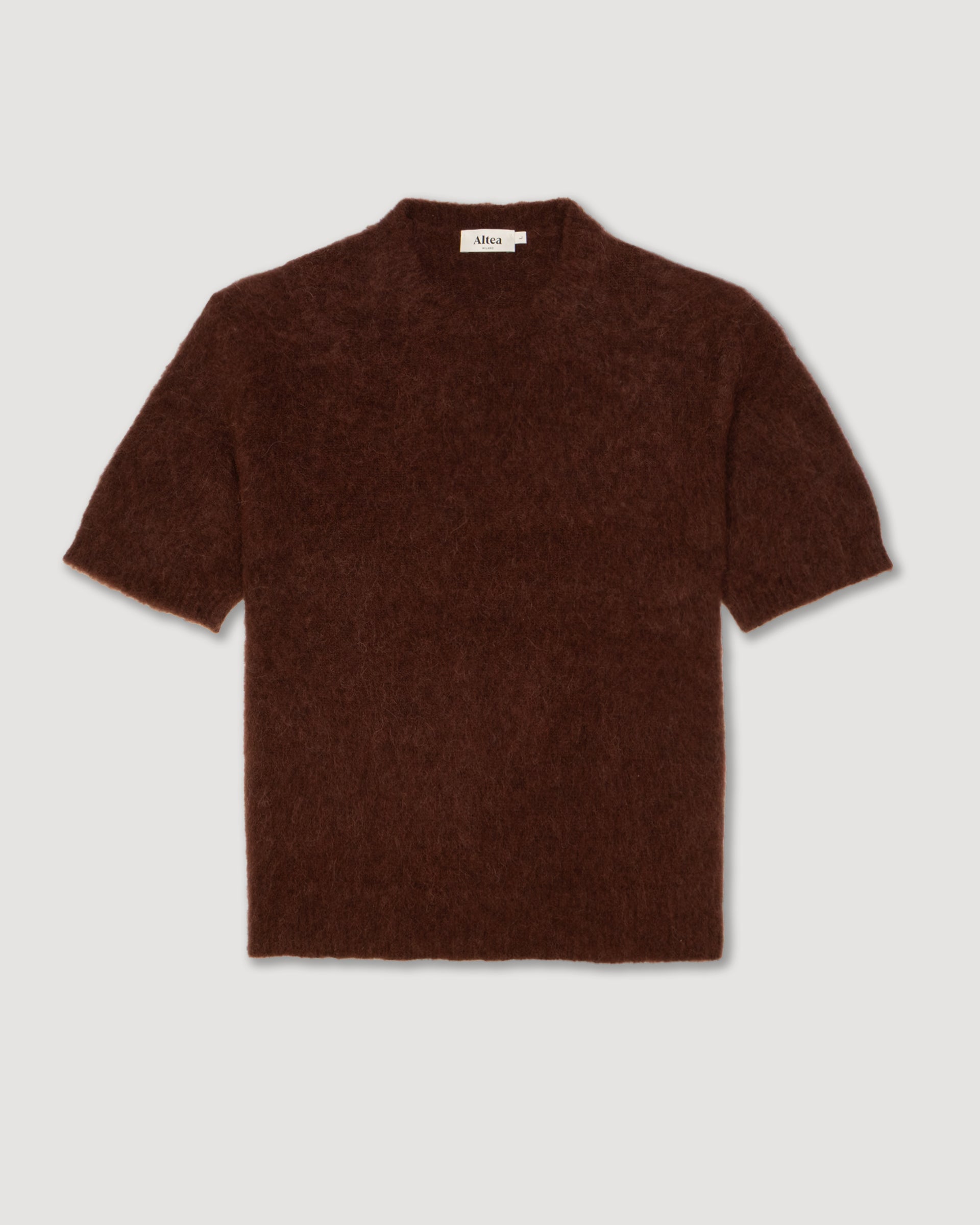 Maglia girocollo garzata manica corta in misto alpaca - Marrone