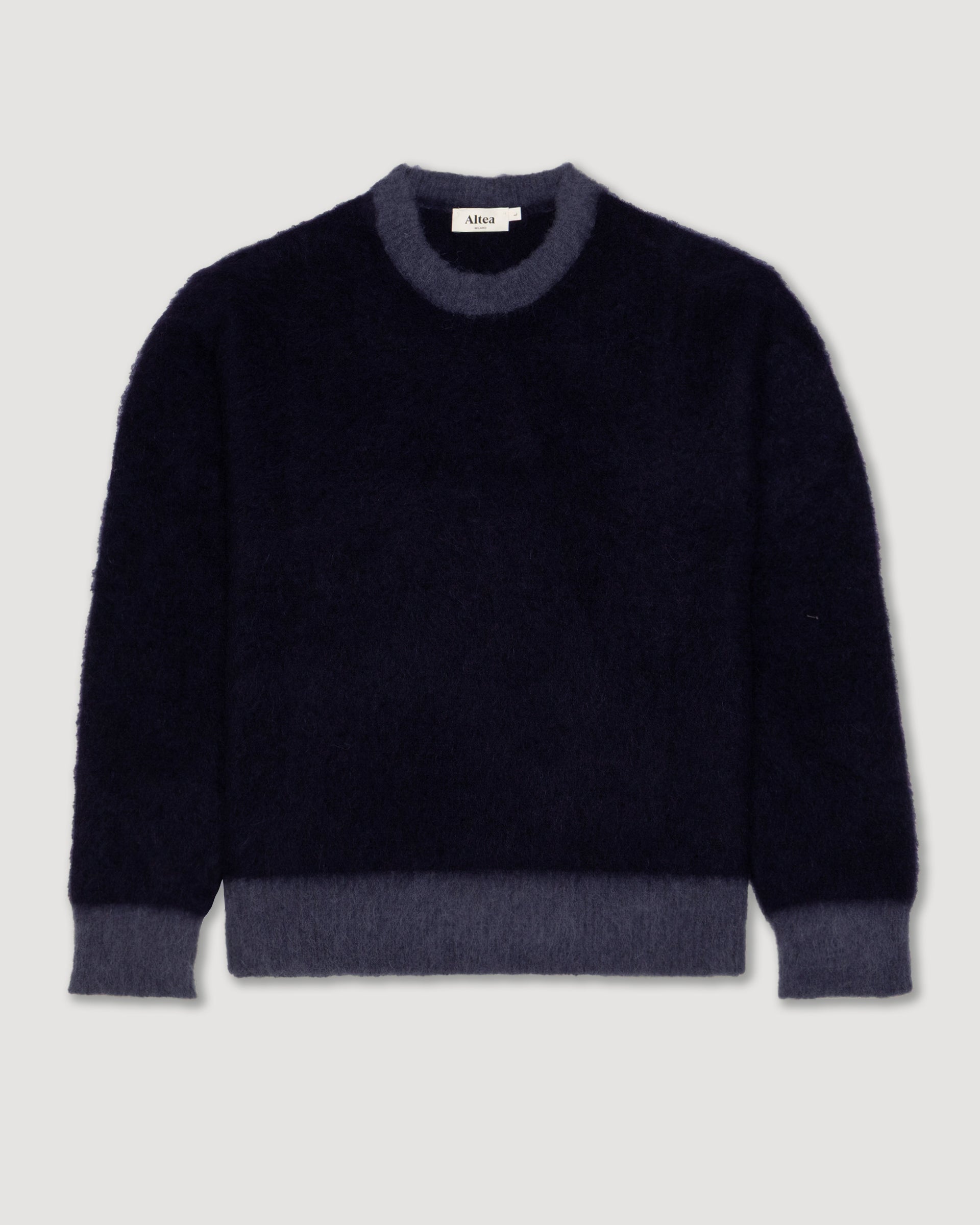 Maglia girocollo garzata in misto alpaca con bordi in contrasto. Blu - Navy