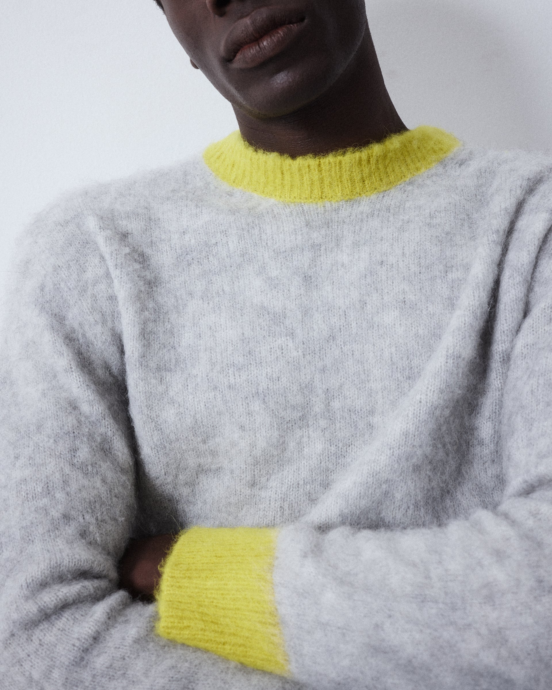 Maglia girocollo garzata in misto alpaca con bordi in contrasto. Grigio - Perla