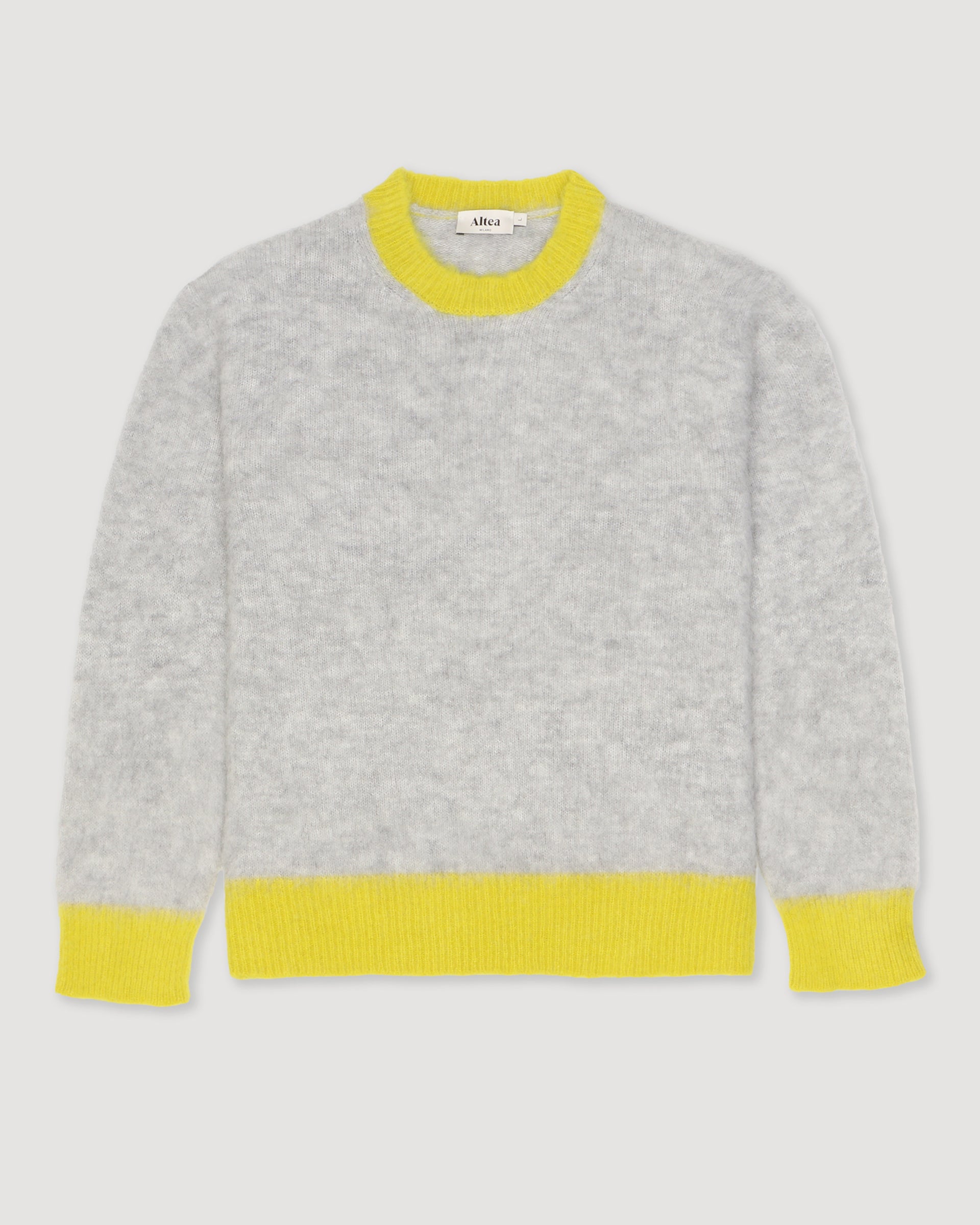 Maglia girocollo garzata in misto alpaca con bordi in contrasto. Grigio - Perla