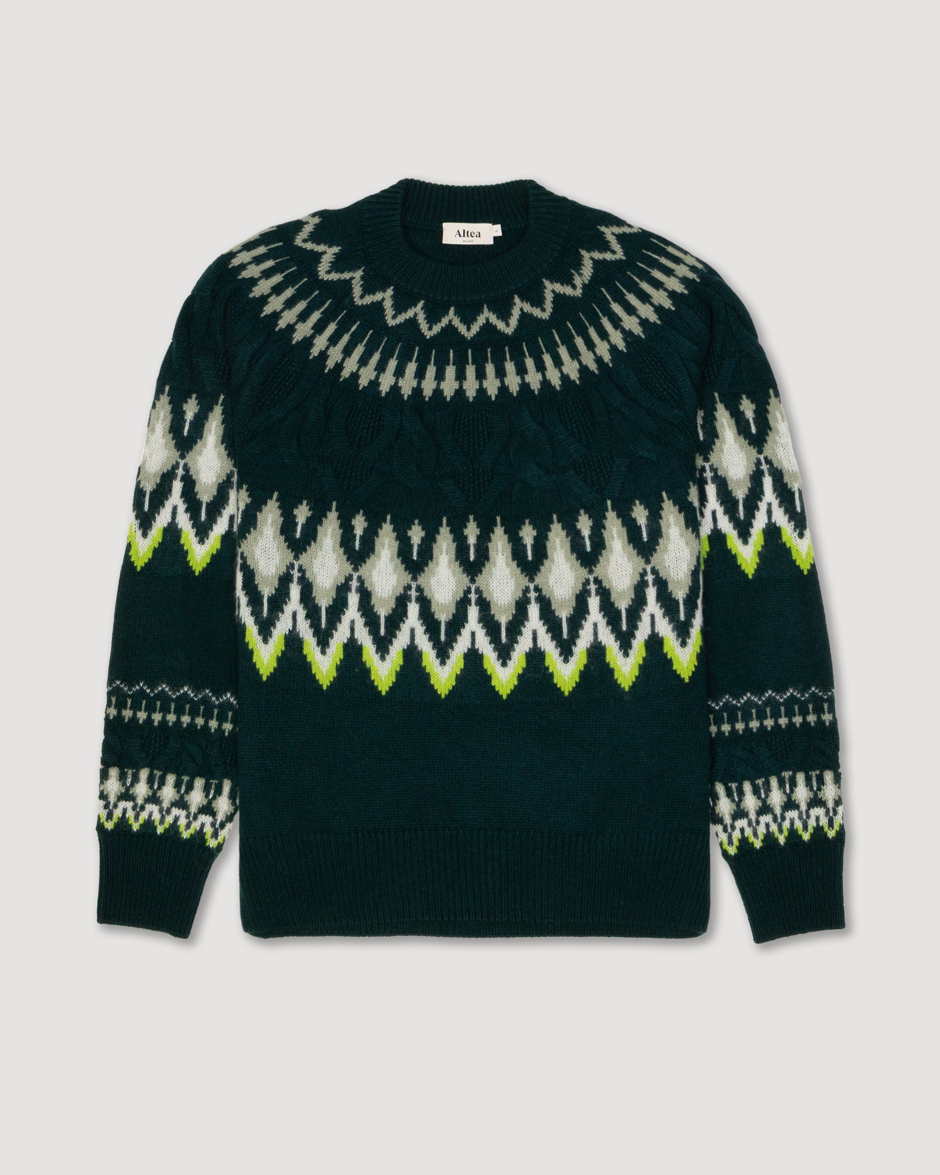 Maglia girocollo in lana misto alpaca e cashmere con jacquard Norvegese. Verde - Verde Bottiglia