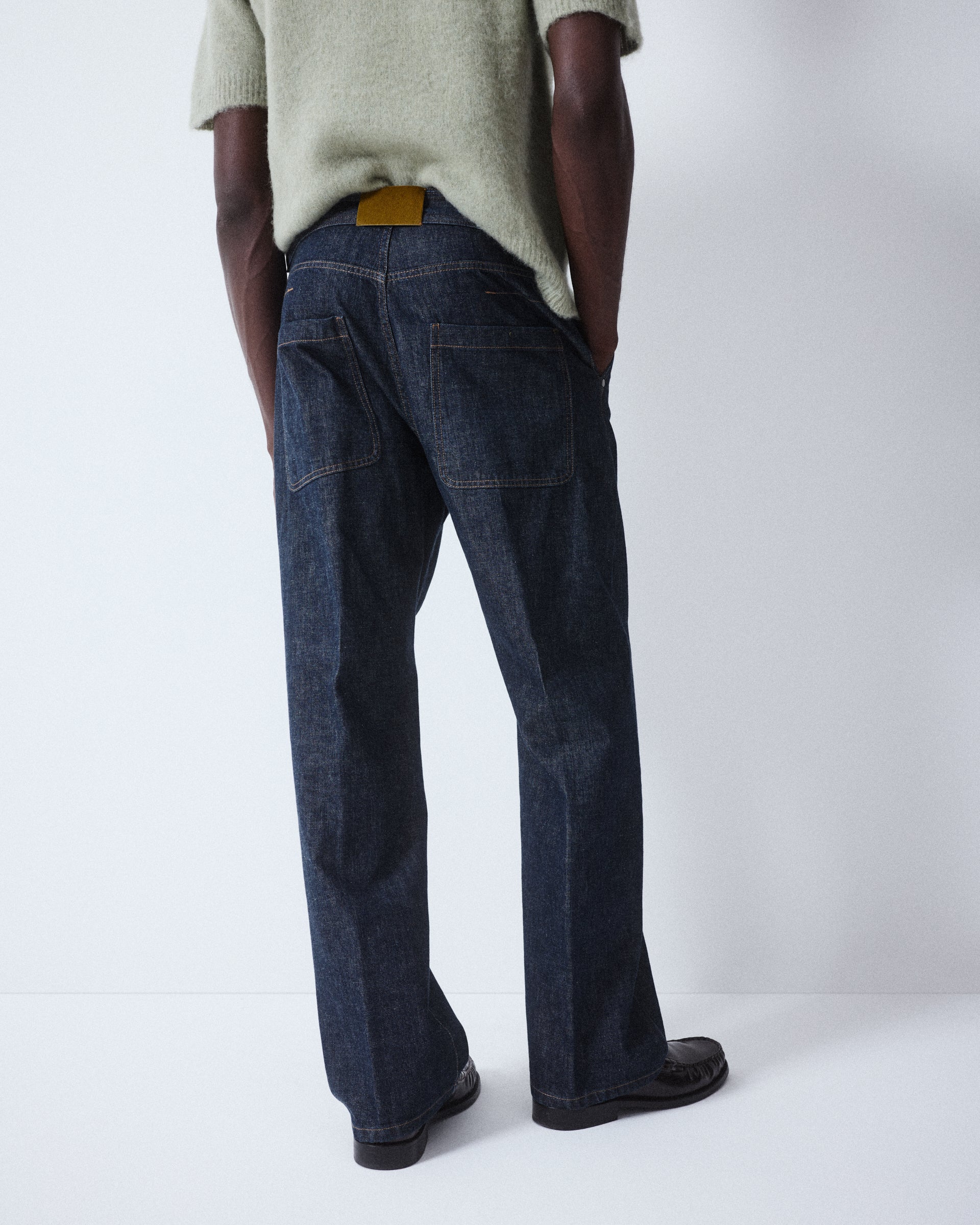 Pantalone over Odell in denim di cotone con cintura con fibbia. Blue - Denim
