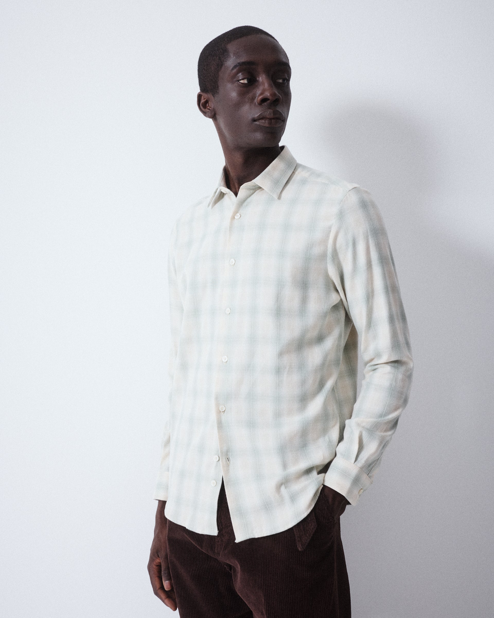 Camicia Scott in flanella di cotone garzato fantasia check. Verde - Salvia/Bianco